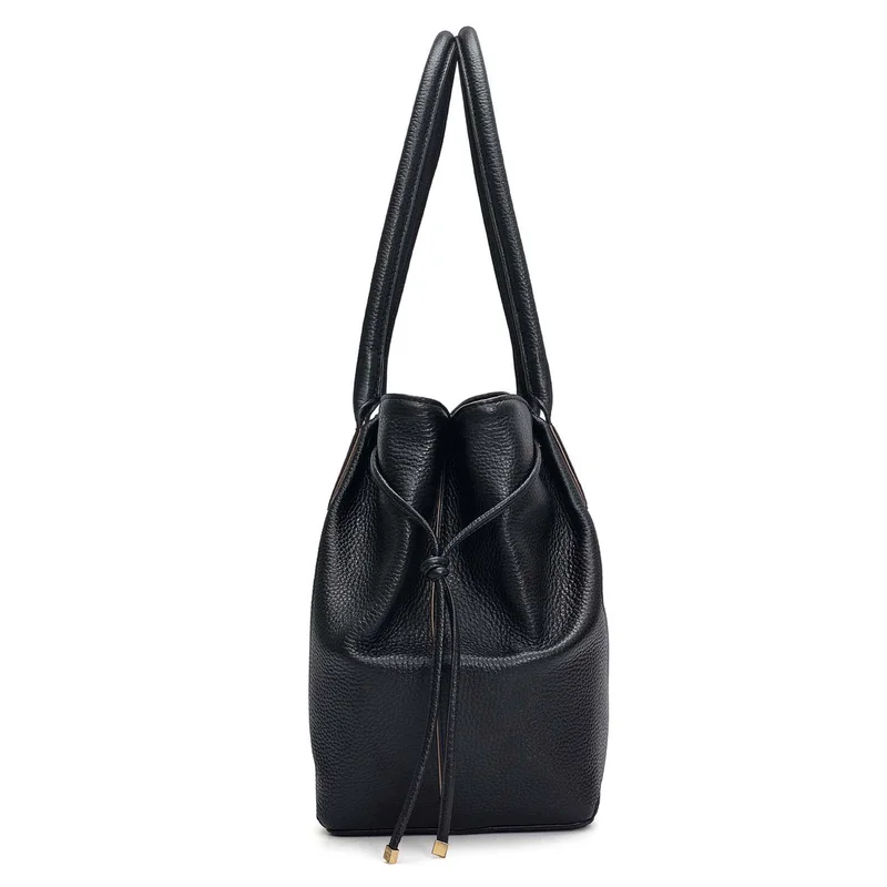 Da Milano Black Medium Wax Leather Tote - Black for Women | Best Price UAE